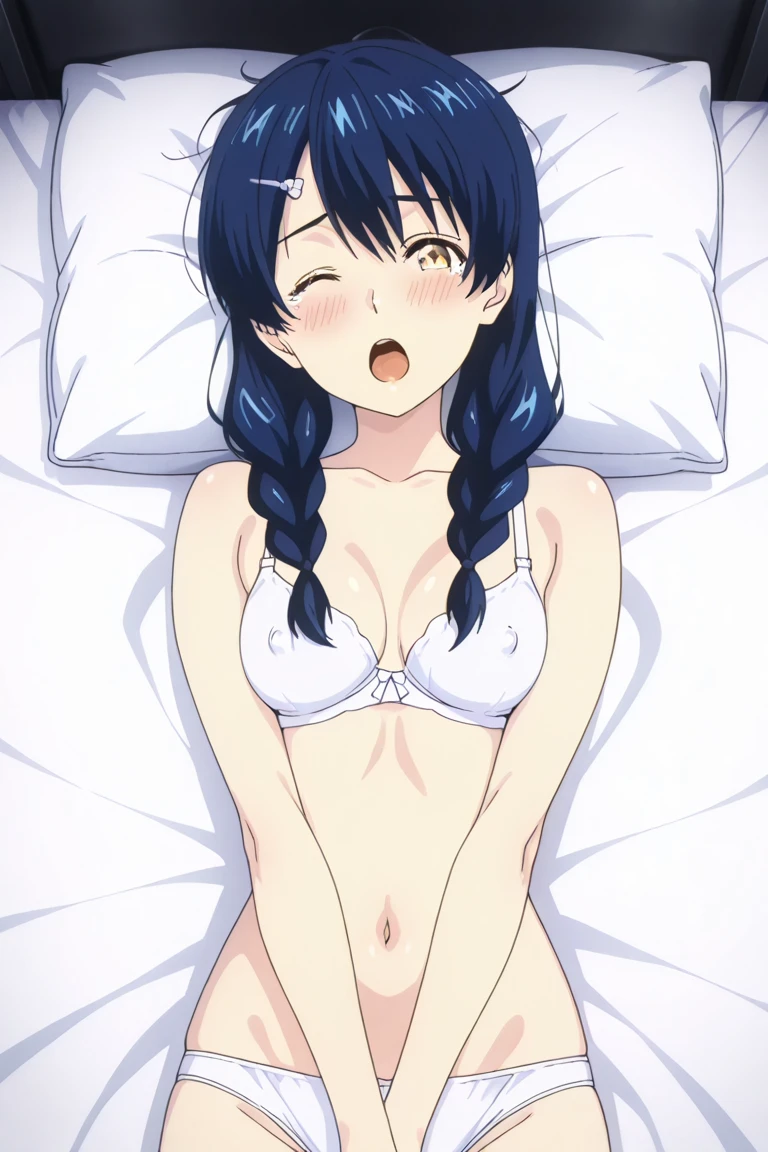 1 girl,(bed),(yukih0sita yukino),embarrassed face,underwear,(whole body:1,0),sit,long legs,barefoot,,(pussy cameltoe:1.0),(white bra),(White ruffled panties),
