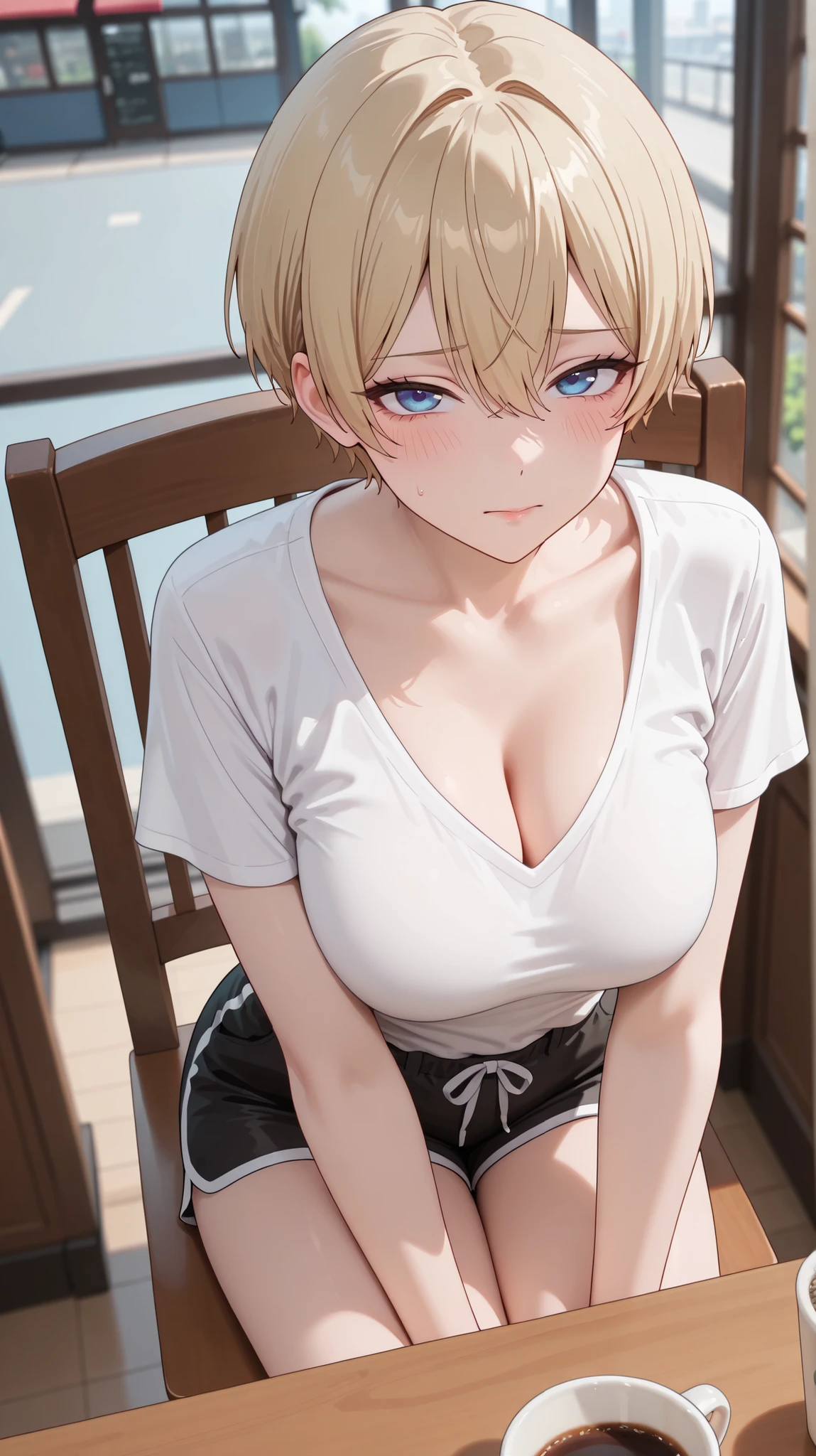 akane hououji, pixie cut, short hair, bangs, blue eyes, blonde hair, hair between eyes,real, high quality, HD, solo women, slender, age 27, adult women, medium breasts, beautiful breasts, cleavage, beautiful legs, amazing deph of field, beautiful eyes, half open eyes, closed mouth, Shy, from above, wear plain white t-shirt, black shorts, upper eyes, in cafe, beautiful sun light from window, near face, looking at viewer, sit on chair, coffee on table, cool,
