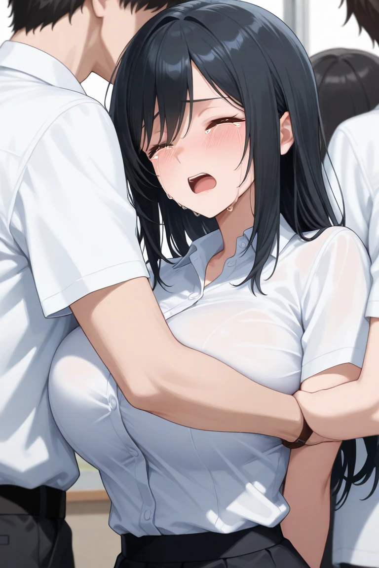 1man and 1woman having sex,mature woman,standing doggystyle,rolling up eyes,flying heart-shapes,shaking effect,black hair,open mouth,saliva,shouting bubbles,plump body,gigantic buttocks,buttocks grab
