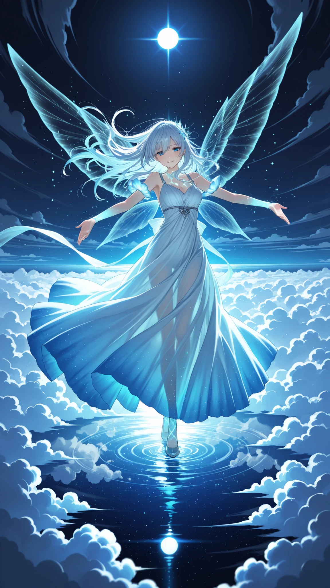 artistic, Ultra High Definition, Spirits that manipulate the wind, Transparent Wings, Graceful Dance, Sparkling Particles, Above the sea of clouds, Moonlight glow, star々Blink