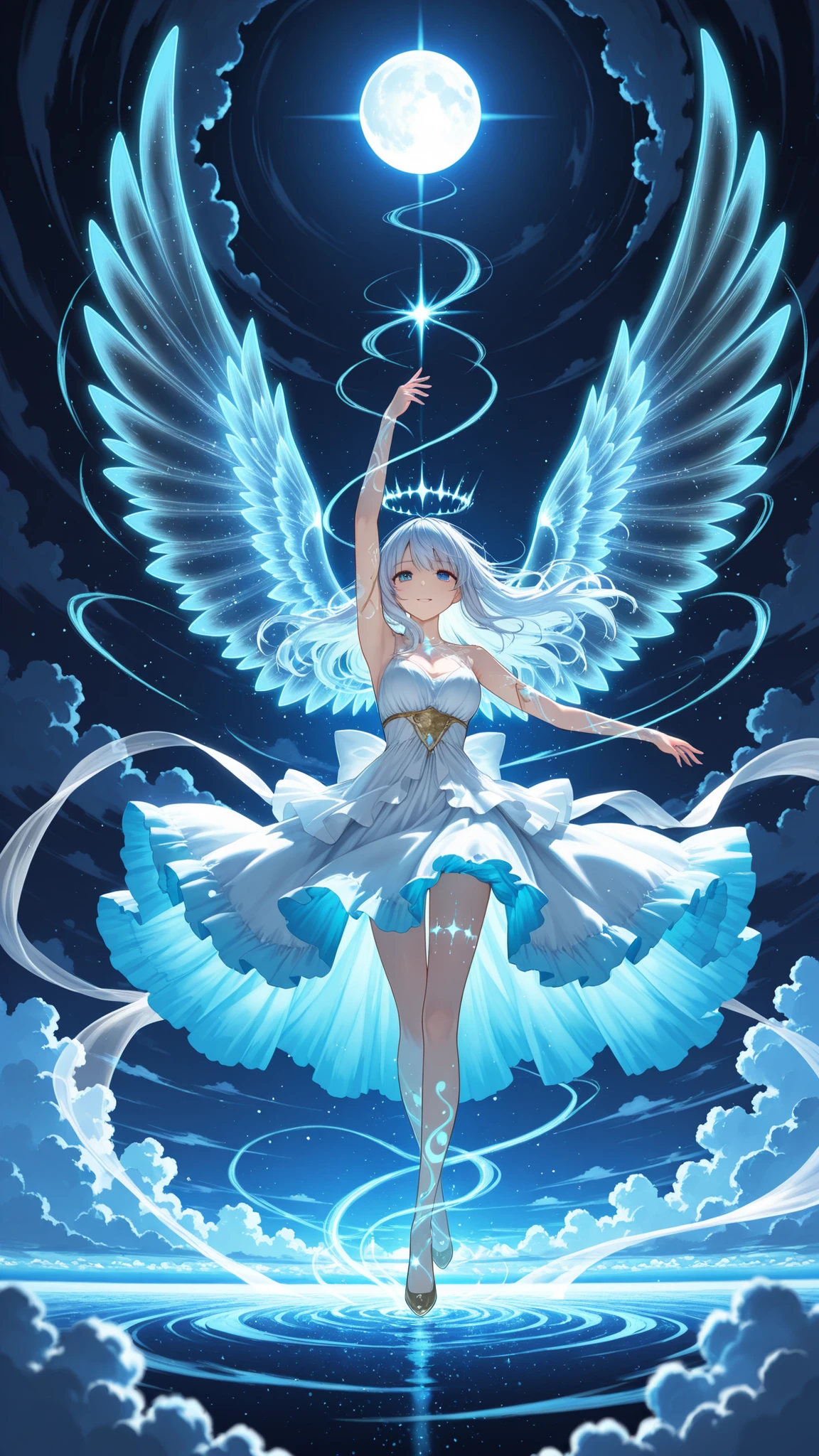 artistic, Ultra High Definition, Spirits that manipulate the wind, Transparent Wings, Graceful Dance, Sparkling Particles, Above the sea of clouds, Moonlight glow, star々Blink