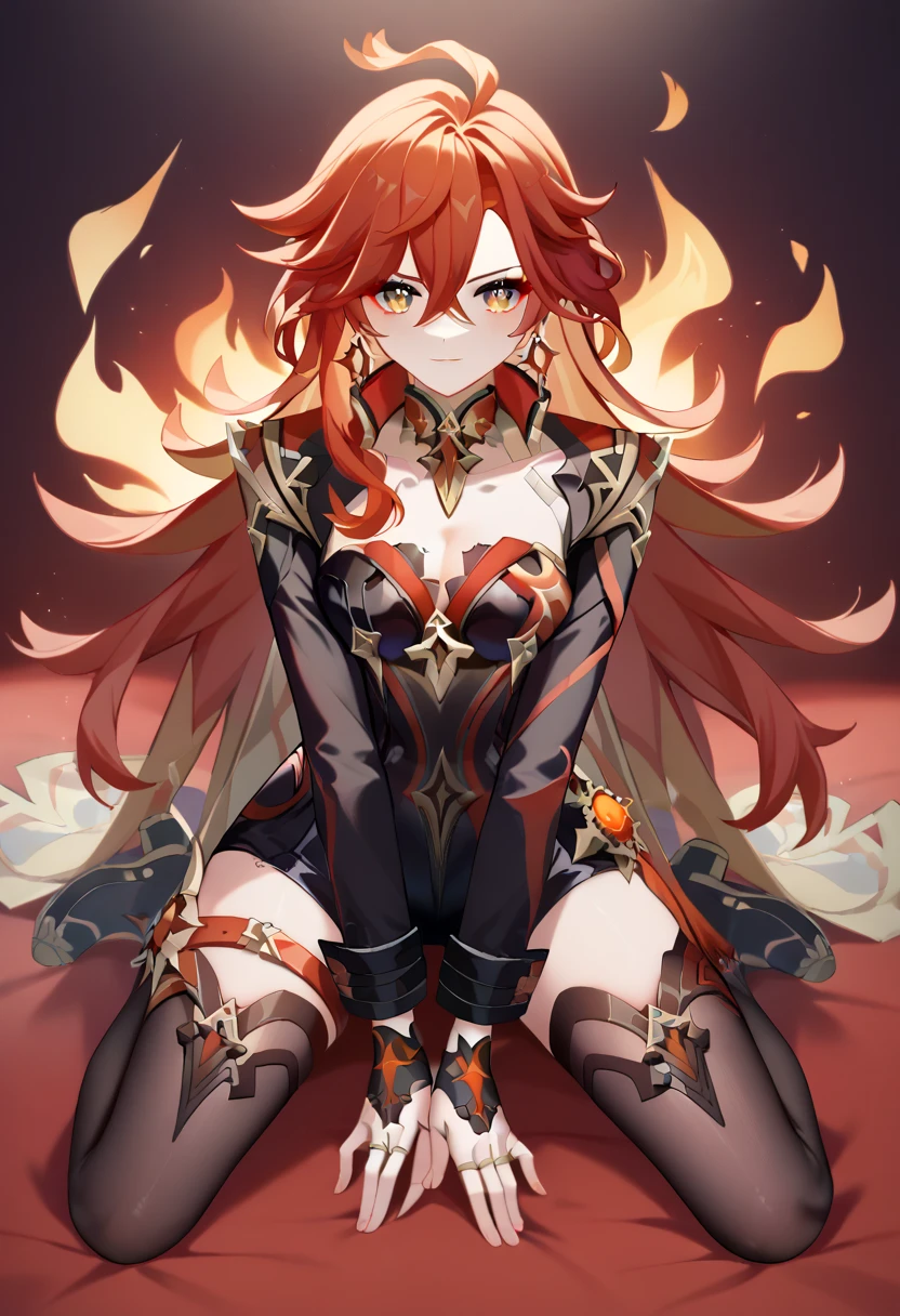 red hair, big hair, straight hair, floating hair, crown, (dragon horns), crystal earrings, multicolored eyes, cinematic lighting, ((masterpiece)), accurate, textured skin, high quality, high details, best quality, highres, (super detail), Demon queen, red flaming dress, off-shoulder, tattoo on upper arm, Throne Room, Royal