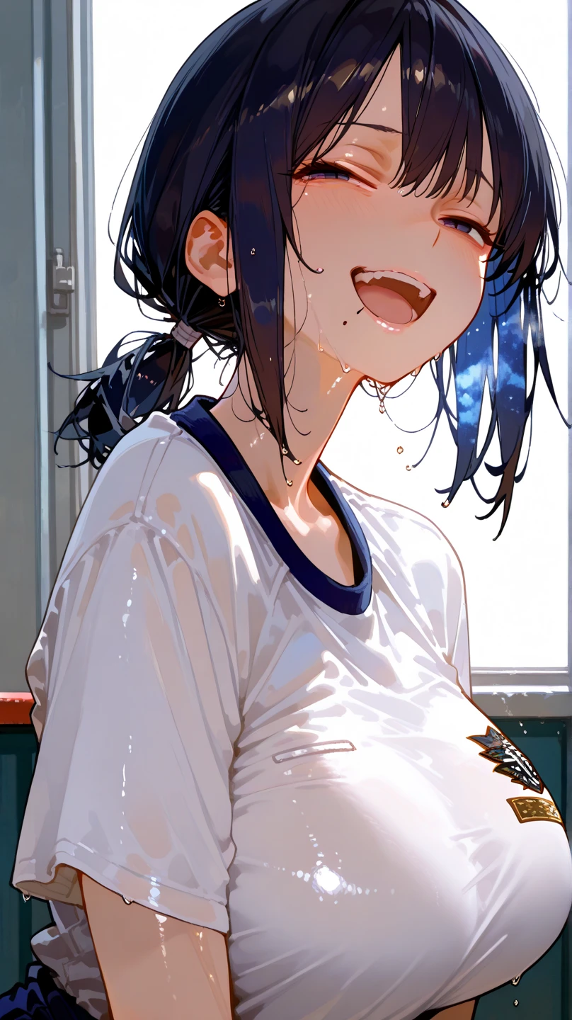 ahegaoでパイズリするSasaki Kanna, Yellow Tank Top, Underboob, Sweat, Black hair twin tails, Big Breasts