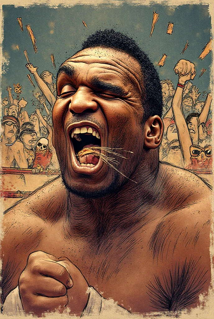 a photograph of a black wrestler speaking on a microphone in an interview
