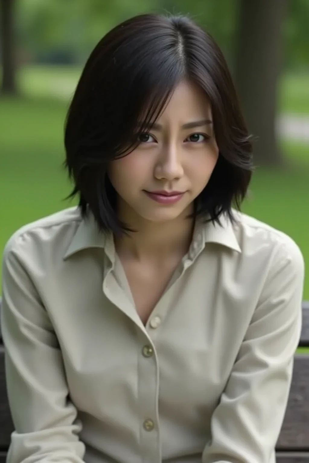 Sad Jet Is sitting on a park bench、crying in the park。 sad。jet black hair ...