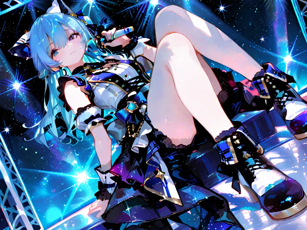 Emilia re:zero, purple eyes, Emilia, crown braid, x hair ornament, flower hair ornament, white hair, long hair, medium breasts, anime girl sitting on a wall with a starr sky in the background, anime moe artstyle, anime style 4 k, nightcore, seductive anime girl, badass anime 8 k, kantai collection style, with glowing blue lights, best anime 4k konachan wallpaper, cyberpunk anime girl, jet black haired cyberpunk girl, high quality anime artstyle, anime vibes