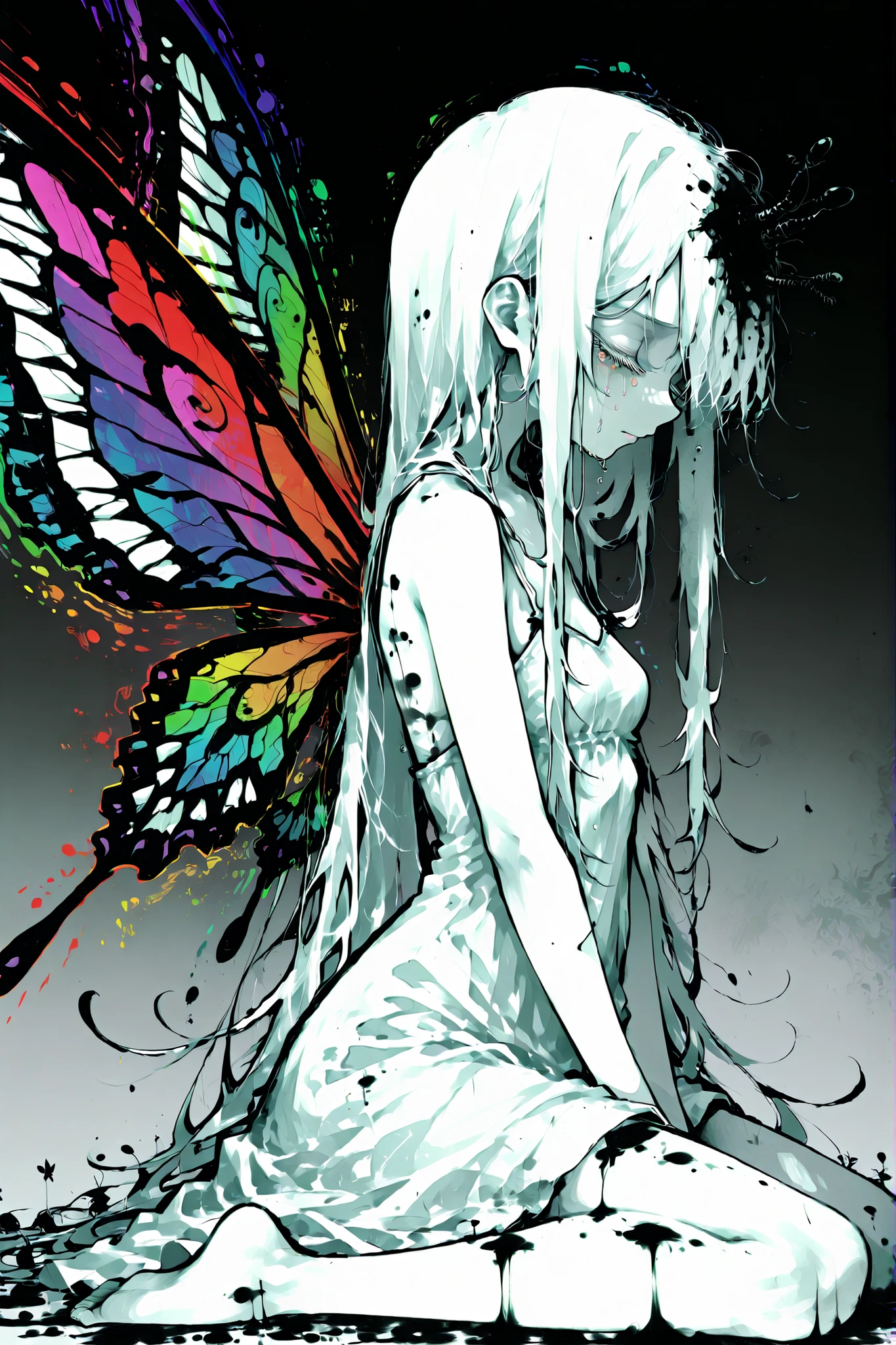 hzk, ((paste)), cute face, perfecteyes, masterpiece, highest quality, Ultra High Quality, 40k, high contrast, solo
Beautiful and delicate girl, wariza, pray,
Long white eyelashes, small breasts, close eyes, (detailed face), ((messy long hair)), white hair, extreme long hair , small breasts, ((tears)), looking afaer,
White dress, (Dressed sloppily), butterfly wings, psychedelic color wings,
BREAK
pinned her like a insect specimen, ((paste)), Hang her head, head drooping lifelessly, pray,
BREAK,
cowboy shot, ((side view)), focus face, sharp focus, her outline shimmery, gray gradient background, ink painting, outline glows faintly, Outline Illuminated, black background, sooty background, (((psychedelic line art, colorful outline, neon colors, rainbow lines, no fill, no shading)). (fine detailed line art, thin lines, delicate outlines, intricate details,)