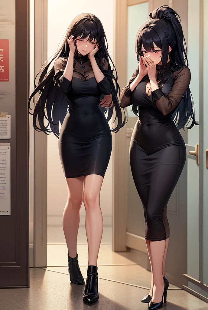 masterpiece, best quality, shadows, perfect hands, perfect fingers, perfect legs, perfect anatomy, pretty face, mature features, 1 girl, 1 boy, both 21 years old, mature woman, mature man, girl dressing a tight black dress, boy wearing casual and elegant, making eye contact between them, hanging out, profile point of view,