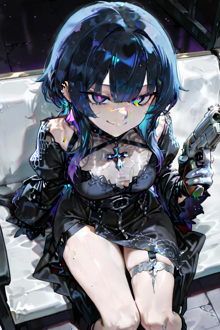 Black hair, blue eyes, sexy, large breasts, masterpiece, bed, smile