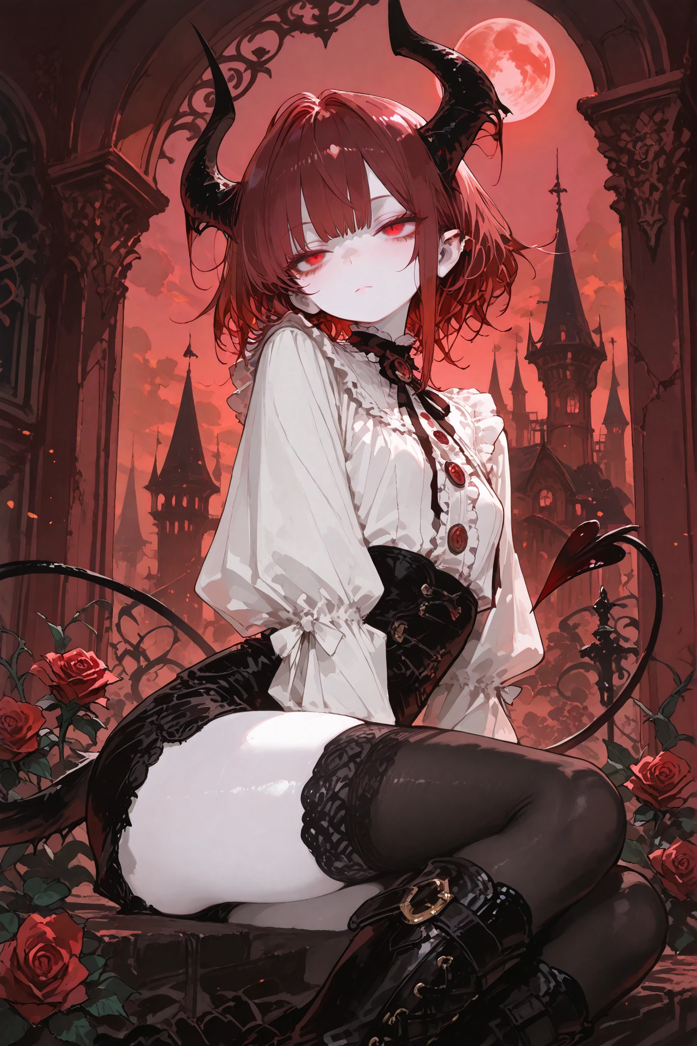 masterpiece , best quality , amazing quality , very aesthetic, girl, white skin, pale skin, tall, rounded elf ear, red eyes, drooping eyes, cold look, white pupil, feline pupil, short hair, small length, slightly messy hair, dark red hair, bangs, sharp canines, demon tail, black horns, elegant curves, expressionless face, white ruffled blouse, black shorts, black stockings, boots, background magical castle, roses, red sky, moon
