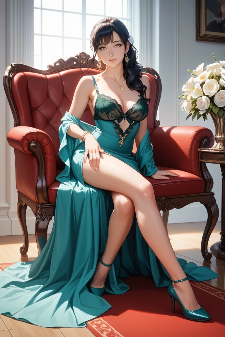 A striking supermodel, gazing intensely at the camera, pretty face, wearing an elegant emerald gown, lounging on a ornate chaise in a palatial room, soft studio lighting, clean and crisp photography, elegant and glamorous, 4K resolution