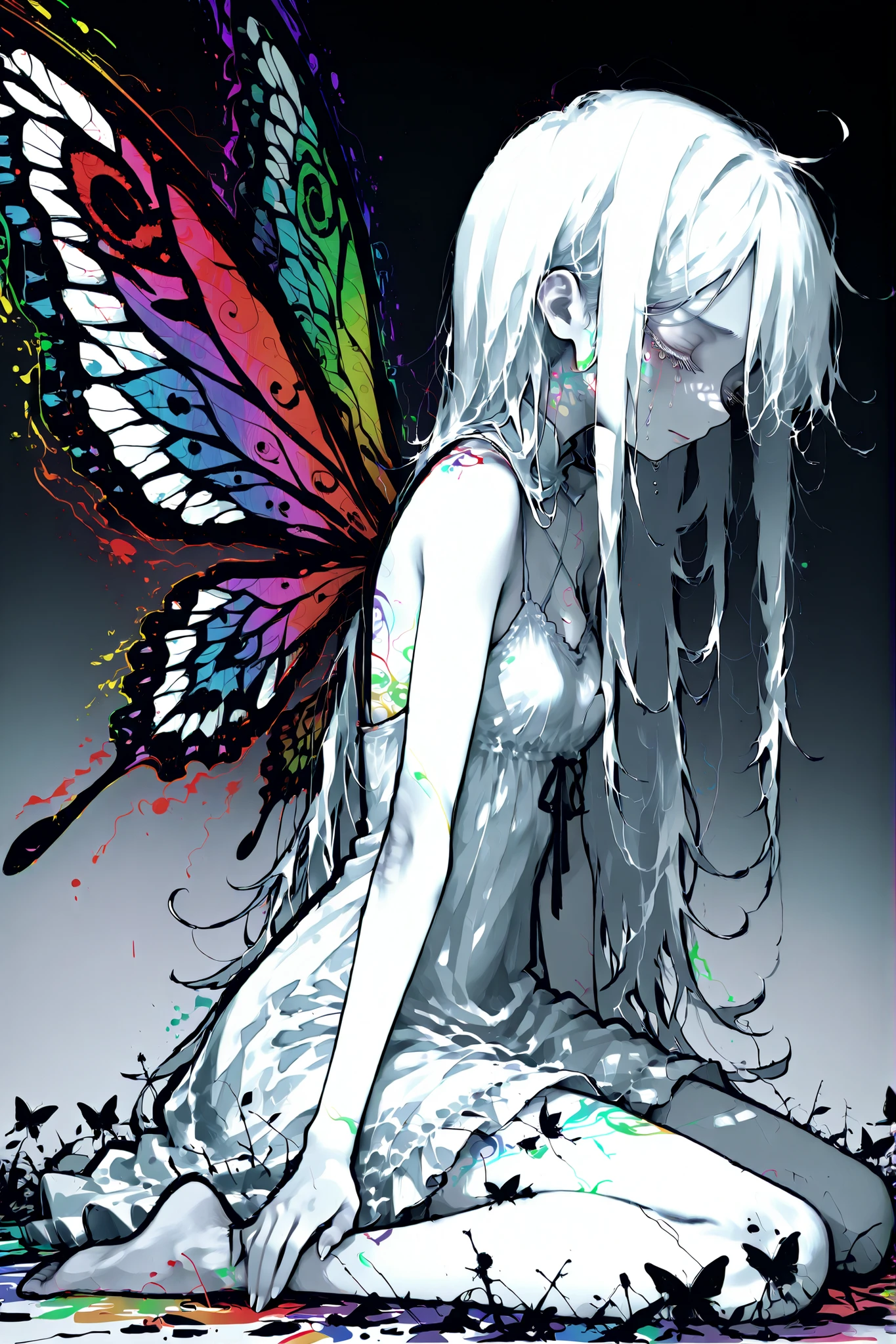 hzk, ((paste)), cute face, perfecteyes, masterpiece, highest quality, Ultra High Quality, 40k, high contrast, solo
Beautiful and delicate girl, wariza, pray,
Long white eyelashes, small breasts, close eyes, (detailed face), ((messy long hair)), white hair, extreme long hair , small breasts, ((tears)), looking afaer,
White dress, (Dressed sloppily), butterfly wings, psychedelic color wings,
BREAK
pinned her like a insect specimen, ((paste)), Hang her head, head drooping lifelessly, pray,
BREAK,
cowboy shot, ((side view)), focus face, sharp focus, her outline shimmery, gray gradient background, outline glows faintly, Outline Illuminated, black background, sooty background, (((psychedelic line art, colorful outline, neon colors, rainbow lines, no fill, no shading)). (fine detailed line art, thin lines, delicate outlines, intricate details,)