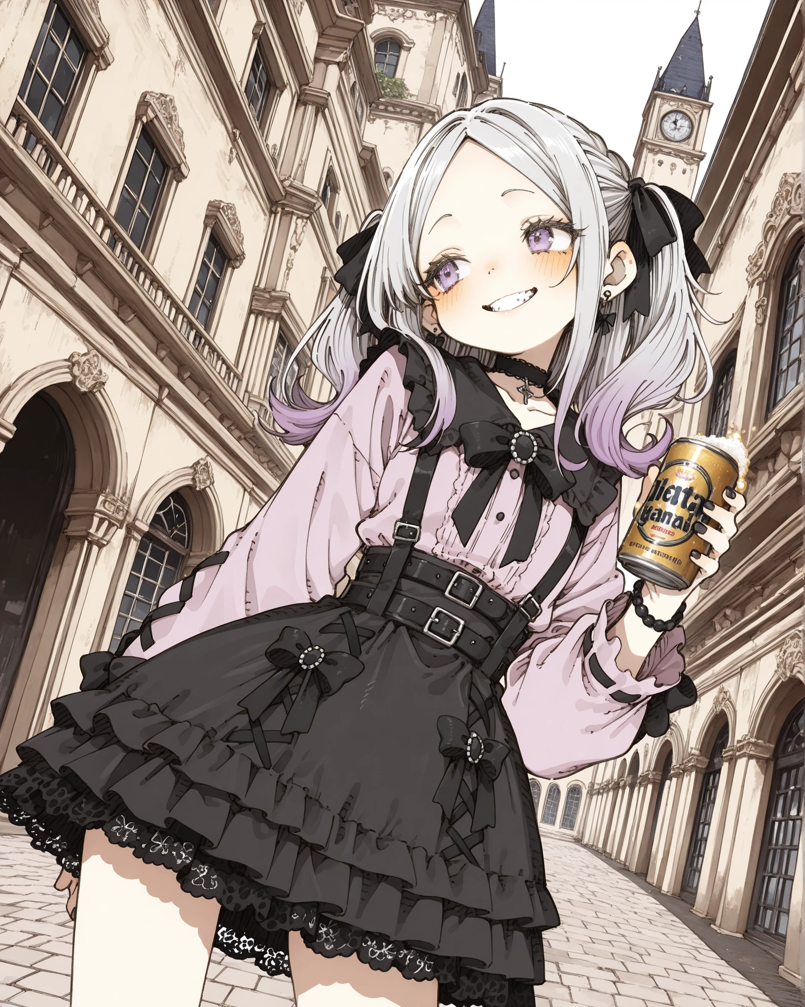 ((Abara Heiki Style)), ((Masterpiece)), ((best quality, amazing quality)), ((very aesthetic, absurdres, newest)), ((transparent background, mini background)), ((detailed background, negative space)), (dynamic angle, wide shot), ((1girl)), Cute young Girl, (Healthy Gaunt body, Textured skin, small , tilt head), Glossy medium hair, (long parted bangs, cute forehead, long sidelooks), (platinum-gold hair, flipped hair, gradient hair), (very grin, Serrated teeth), blush, (glitter eyes, pale purple eyes, averting eyes, looking at side), big eyes, (cute cheeks), glossy lips, pouty lips, (lower eyelashes), BREAK, Fine gemstone bracelet, (gothic lolita shirt, gothic lolita skirt, Jirai kei, Beautiful lace decoration), Beautiful collarbone, ((Drinking canned beer in hand)), gothic makeup, (contrapposto on the asphalt, outdoor, nostalgic atmosphere), Disturbing ground, european architecture,
