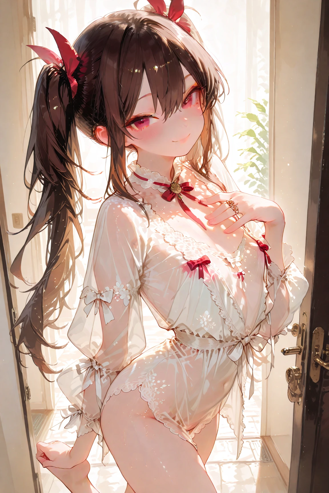 <lora:First love pajamas_20230712190140:0.8> underwear,thighhighs,lingerie,, ultra detailed, masterpiece, best quality,, solo, frown,
1girl, red eyes, <lora:Tsurime3:1>, (tsurime:1.2), brown hair, medium hair, asymmetrical bangs, swept bangs, parted bangs, cowlick, parted bangs, flipped hair, <lora:foldedponytail:1> foldedponytail, folded ponytail, (small breasts:1.3),