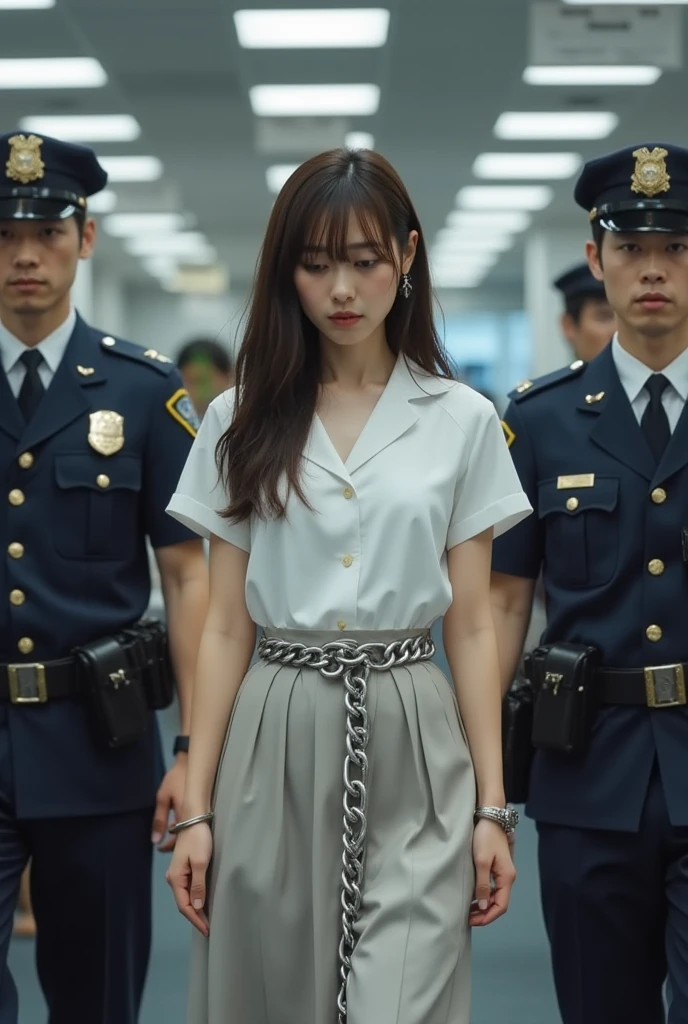 Animations and illustrations are prohibited. Make it live-action.A beautiful Japanese office lady is arrested by the police at California company new clean office room center.many desk and PC and officeworker. She is being taken to very strictly  afraid prison by male  police officers.she and member are Conferencing.She is wearing a very tight black  and a very  blouse. she is being led away from her desk in her office. by a very very strict male police officer wearing a uniform and a cap like a formal military uniform. she is justly handcuffed very tightly. her right wrist and left wrist tied tightly together. She is looking down and crying because she is embarrassed and sad.she is long brown ponytail hair.In front of her body, she is handcuffed　tightly.colleagues at work look at her with surprised expressions. she has her eyes closed.She has tears dripping from her eyes.her body is very .she is suffering.she is sad.she close her eyes.many office worker audience.she is handcuffed very very thoroughly tightly.her right wrist and left wrist tied　very tightly perfectly together. She is being taken to prison by male  police officers.she is pony tail hair.The handcuffs, clamped tightly on her wrists, were digging in and causing her pain. Her face contorted in pain.her left wrist and her right wrist are chained by handcuffs.her face is sad and suffering.her body is chained tightly.her face is pained.handcuffed.her face is afraid.very tightly handcuffed.very very strictly handcuffed.her wrists are strictly tightly cuffed.she is very sad.