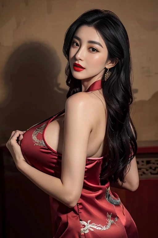 4K, UHD, masterpiece, solo girl, good face, detailed eyes, detailed lips, very long hair, straight hair, very long hair, beautiful hair, bride hair ornaments, hairband, sexy bun with ponytail hair, ((thin Indian lingerie), (photorealistic:1.5), (Realistic big breasts:1.35), (Slender six pack abs), (smile), ((NSFW:0)), ((busty Cleavage)), ((( enchanting body, red lipstick, stockings, Indian courtyard, bold dress, d-cup, breast focus, closeup))), ornaments, necklace, earring, high lighting, depth of field, ray tracing, ultra-realistic detail