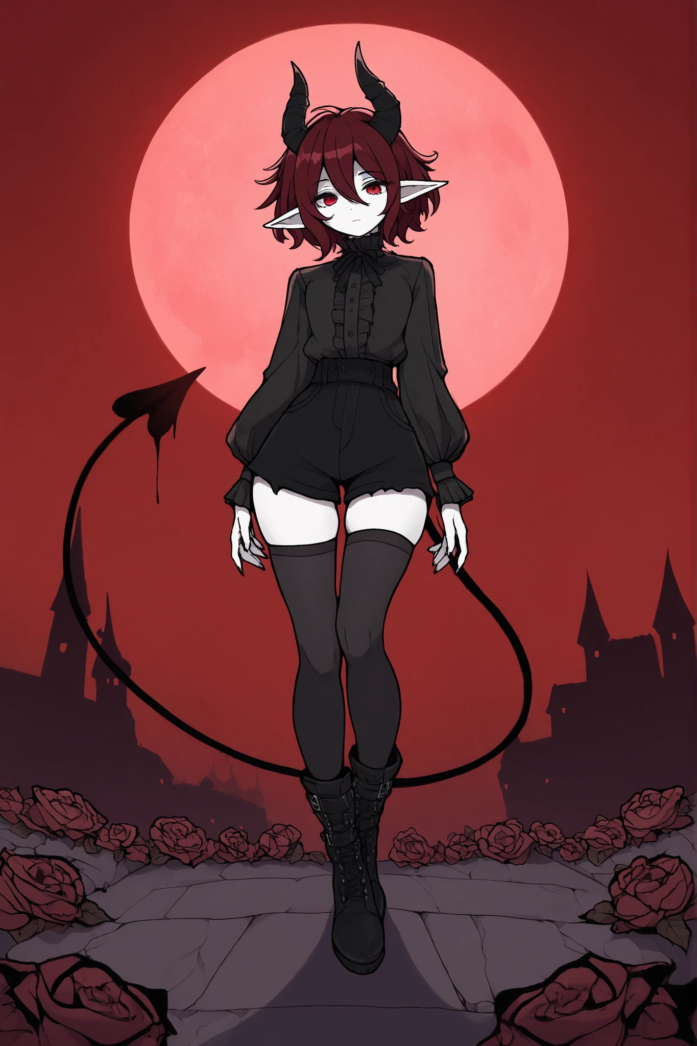 masterpiece , best quality , amazing quality , very aesthetic, girl, white skin, pale skin, tall, rounded elf ear, red eyes, drooping eyes, cold look, white pupil, feline pupil, short hair, small length, slightly messy hair, dark red hair, bangs, sharp canines, demon tail, black horns, elegant curves, expressionless face, white ruffled blouse, black shorts, black stockings, boots, background magical castle, roses, red sky, moon