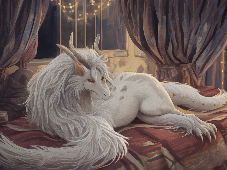 ultra-detailed, masterpiece, masterwork, high quality, best quality, hdr, posted on e621, (by hioshiru), nsfw, female, (white little body dragon), hairy dragon, (long silver hair, yellow eyes, detailed eyes, white chubby body), lying, (nude), front view, dynamic angle
