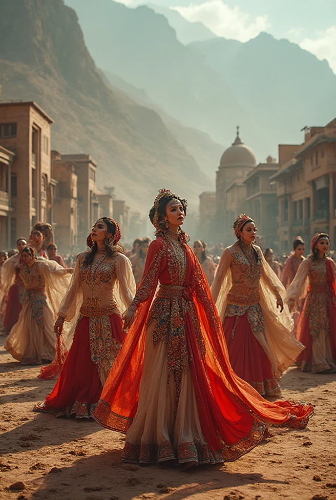 "In a desert backdrop, full body six real Middle Eastern or Arab Emirates women stand in a traditional and captivating dance pose. They are all dressed in royal-style outfits of (blue) and (gold), adorned with intricate (blue) jewelry and gemstones. Their attire includes a heavily embroidered , a (gold) belt around the waist, and (red) silk veils in their hands, which they are elegantly spreading in a dance-like motion. Their eyes are highlighted with mesmerizing kohl, with a maang tikka on their foreheads and a heavy necklace around their necks. The background features golden sand dunes and a blue sky, creating a mysterious and magical atmosphere. The lighting is warm and natural, enhancing their  features. background not blurred"

