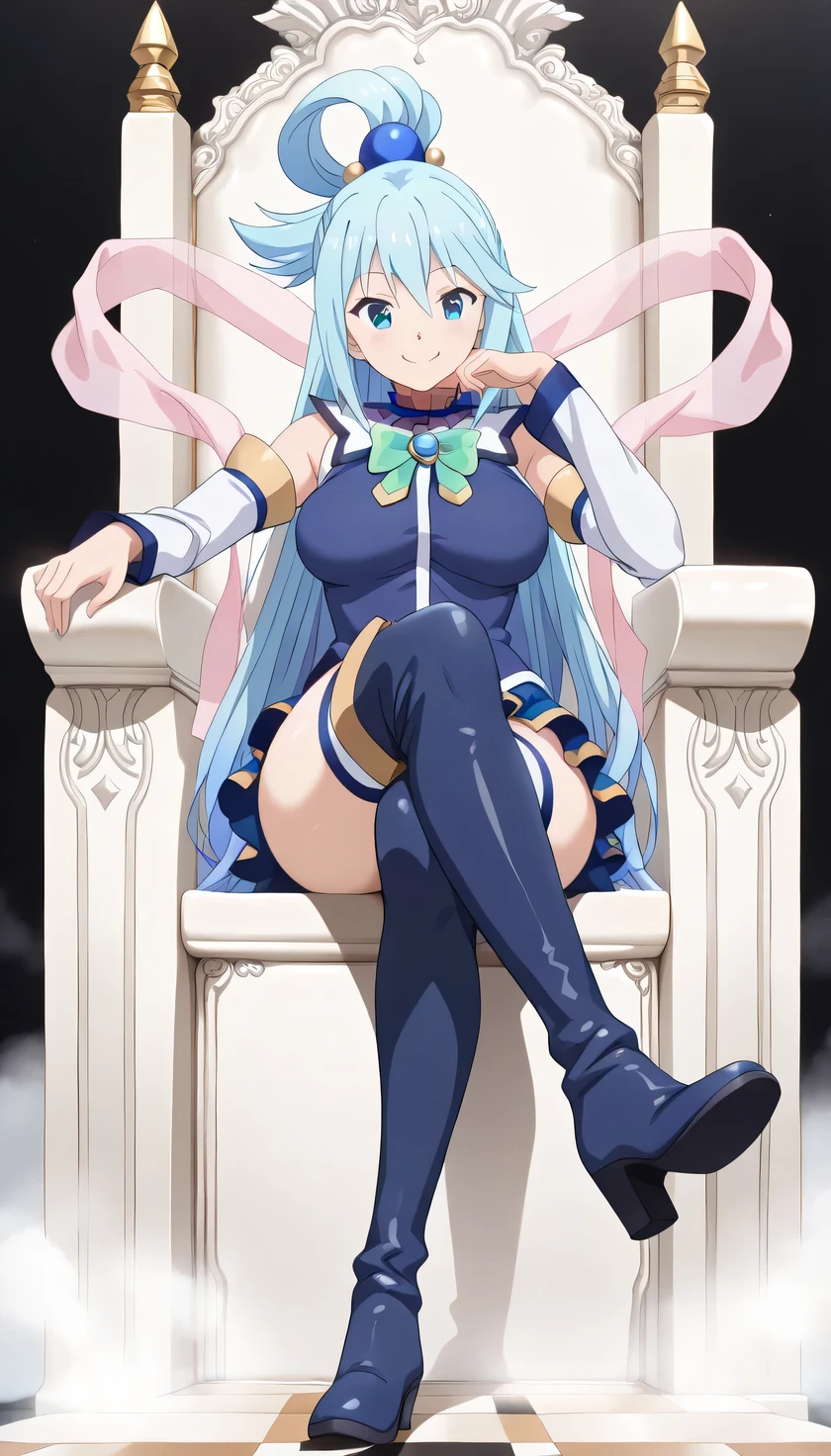 {{{masterpiece}}}, (best quality:1.5), (ultra-detailed:1.5), {illustration}, {{an extremely delicate and beautiful}}, (beautiful detailed eyes:1.6), absurdres, highres, extremely detailed face, 16k, hd, visual anime de uma jovem mulher, extremamente bonito rosto de anime, anime melhor garota, (perfect hands, perfect anatomy), anime face, aqua (konosuba), aquaSDXL, 1girl, cute face, long hair, blue eyes, hair ornament, very long hair, blue hair, half up, bangs, sidelocks, hair rings, hair bobbles, large breasts, big hips, curvaceous, BREAK, blue vest, shirt tuck out, white collar, green bow, bare shoulders, detached sleeves, white sleeves, (blue skirt:1.2), mini skirt, thighhighs, (blue long boots:1.5), thighs, zettai ryouiki, BREAK, (pink hagoromo:1.3), ojou-sama pose, smile, hand on own face, (white throne:1.5), (high backrest:1.4), sit on a white chair, cross your legs, checker floor, (fog:1.3), black background, simple background