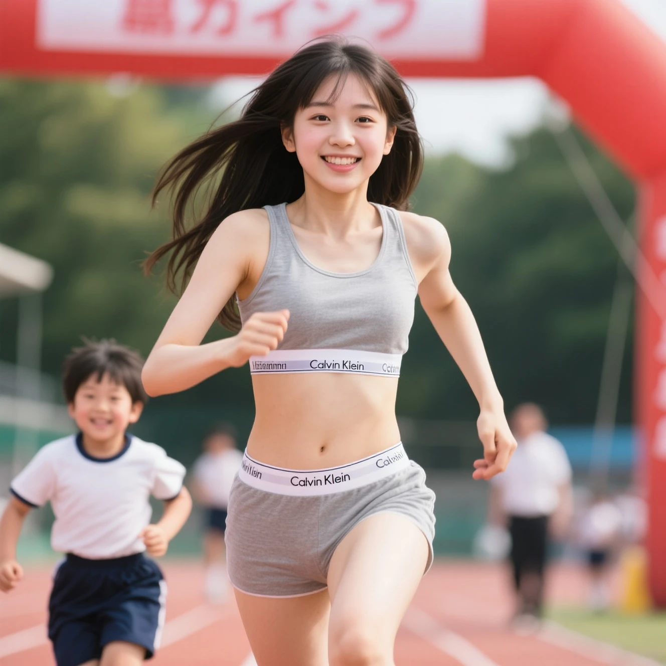 A cute chubby little girl,Double bun and bangs,Very happy,Holding aloft the Asian Games torch with a smile,Run on the track and field