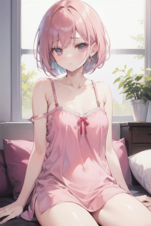 futiyaCB, aqua_shirt, short sleeves, off shoulder, collarbone, bare shoulders, small breasts, pink_hair, short_hair, red_eyes, 1girl, solo,standing, looking at viewer, naughty face, cowboy shot, day, dappled sunlight, bedroom, (masterpiece,best quality,beautiful and aesthetic:1.2), <lora:futiyaCB-V1.1:0.7>