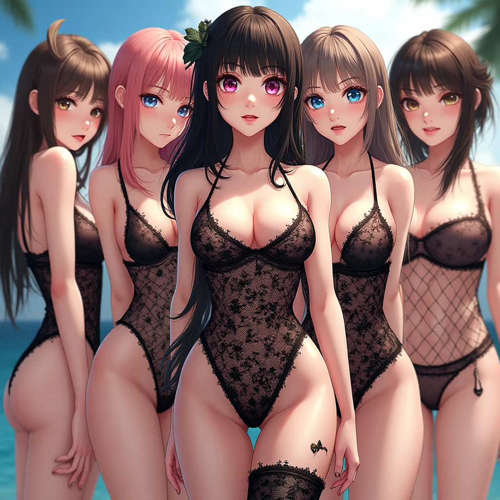a group of pretty young witches with their backs showing their butts in a provocative way, multiple girls, young girls, short black dress, black panties , smile , looking at the viewer, pov, blonde hair, red hair, lace dress, lace lingerie, tribal tattoos, tattoo on the back, slender body, thin body, curves, young girl, teenage girl,