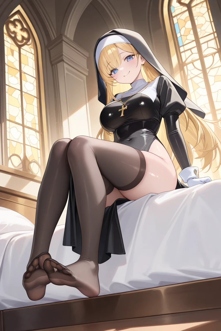 petite, cute, flat, ojou-sama, long blond hime cut, hair slicked back, forehead, blue eyes, smug, thick thighs, side slit dress, revealing clothes, thighhighs and gloves, covered nipples, pussy peak, naughty face, heavy breathing, seductive smile, masturbation, sitting, throne, bedroom