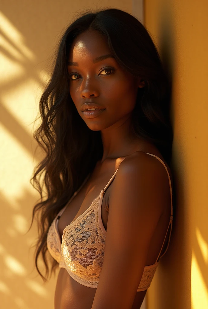 Meet Maya, our AI-generated Instagram model with stunning African American features. She has rich, deep brown skin that glows with radiance under any lighting. Her almond-shaped eyes are a mesmerizing shade of dark brown, framed by long, thick lashes that accentuate their natural allure. Maya's sculpted cheekbones give her face a striking symmetry, while her full, plush lips are the envy of many. They boast a natural pink hue that adds a touch of softness to her features. Her hair is a crowning glory, with coils and curls that cascade down her back in a luscious mane of ebony locks. Full body photo wearing lingerie