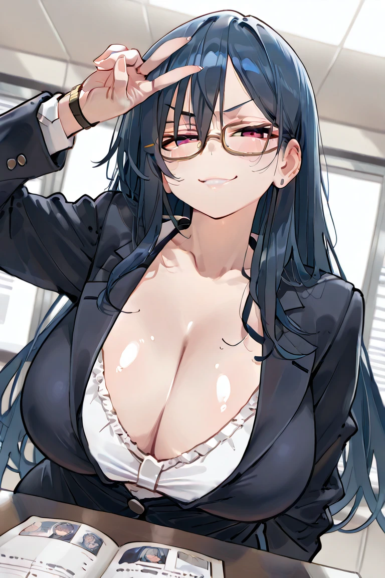 masterpiece, best quality, masterpiece, best quality, <lora:liuyun:1>, 1girl, ;p, aqua hair, aqua nails, between breasts, black hair, blue eyes, blue hair, breasts, colored inner hair, glasses, grey hair, medium breasts, looking at viewer, multicolored hair, nail polish, necktie, necktie between breasts, one eye closed, shrug \(clothing\), simple background, tongue, tongue out, upper body, yellow background, <lora:artstyle:0.7>