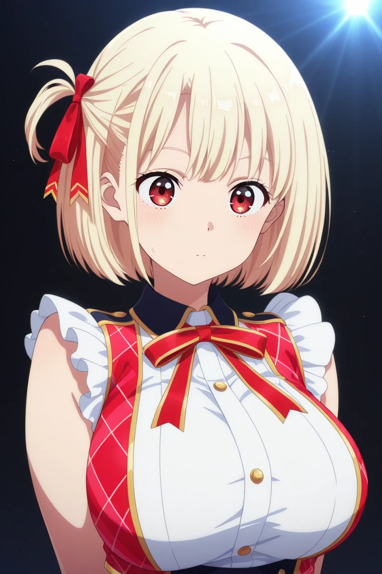 DBFixy in red uniform, solo, orange eyes, blonde hair, ahoge, short hair, light smile, cleavage, bridal veil, spiked hairband, juliet sleeves, white dress, red gloves, clover, highres, insaneres, high quality, official pv, anime screencap, flowing light energy floral and digital bits of data, <lora:elpheltValentineGuilty_v10:0.2> <lora:animeScreencapStyle_v230epochs:0.6>