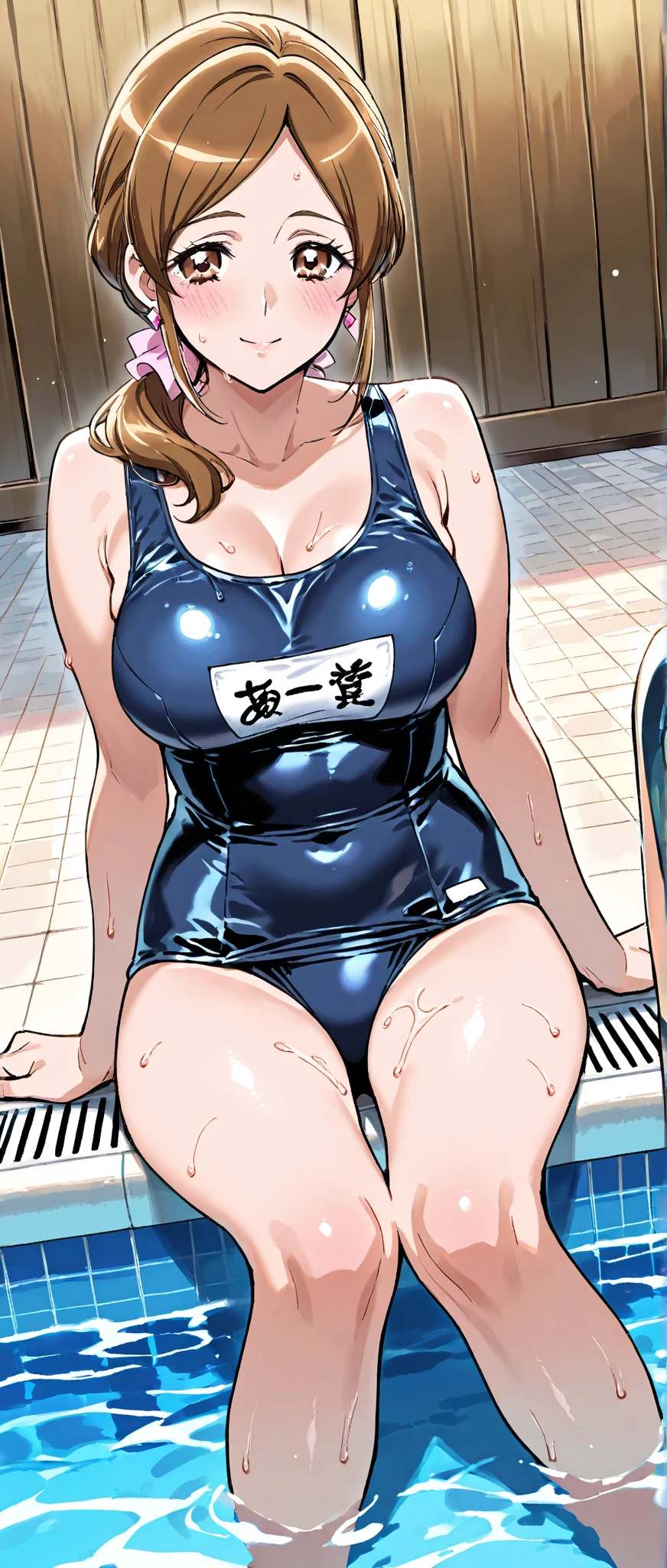 (highest quality, masterpiece:), ultra-high resolution, night, in the pub, Korea photo model, young and beautiful gravure idol, 23 years old, tight, wearing a swimsuit, high leg, gigantic breasts, puffy nipple:1.4, skinny, bangs, long hair, light brown hair, one length, unkempt hair earrings, beauty, victory smile, mature woman, please face forward and look at the camera,