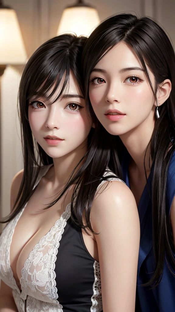 Two girls hugging and looking at each other,One has long black hair, Big breasts, And white lace underwear,One has short brown hair, Small breasts, and black lace underwear,tre anatomically correct,Accurately drawn face,Accurate Depiction Fingers,on the bed,​masterpiece,hiquality,