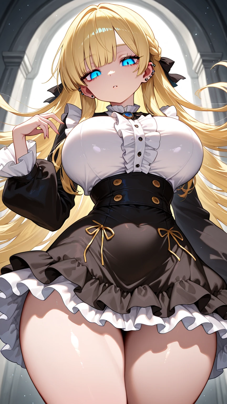 A woman with big ,(Gorgeous woman),ahegao,Victorian style,Flowing fabric,Suspender Skirt,Long blond hair,(transparent),((See-through clothes)),(Blush:1.2),Smooth legs,hip bone,On the streets of London,