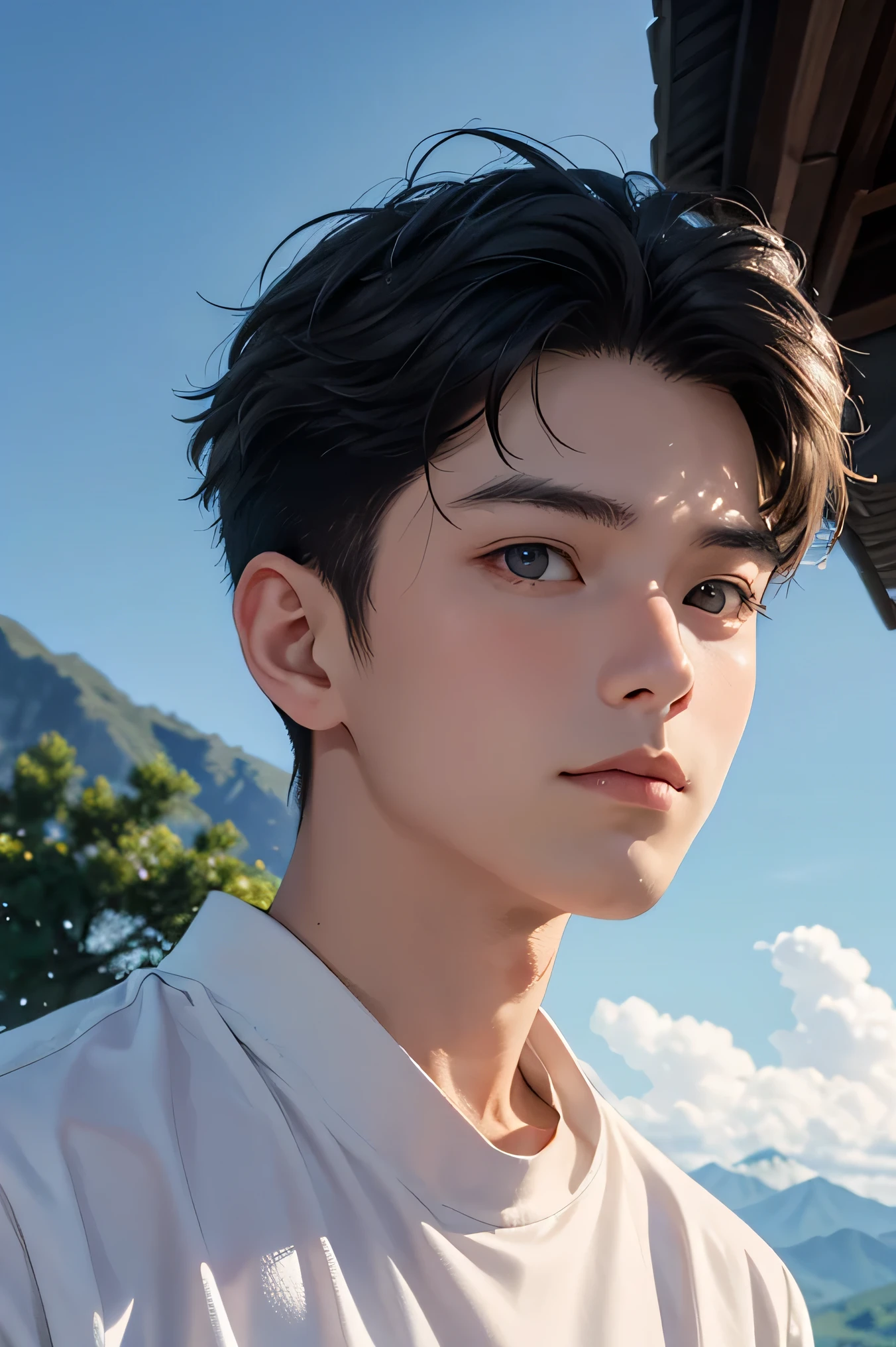  male　　Handsome Japanese guy in his 30s　short hair　dark haired　　　whiteｔshirt　　White Shorts　face slightly upward and sad expression　　　　　The gaze is directed far away　　summer resort　 Plateau　 Resort　the background is a beautiful sky and mountains　Make Your Face Bigger 