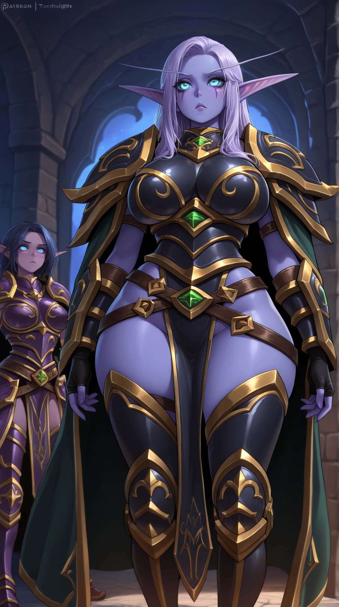 Black Woman as Sorceress, defined muscles, ((bright white hair)), athletic build, tight costume, highly detailed, sexy revealing lots of skin, large breasts, ((casting a spell)), ((wearing purple gold cape), ((wearing purple gold cloak)), ((boobs mostly uncovered)), (((huge sigillum aemeth)))