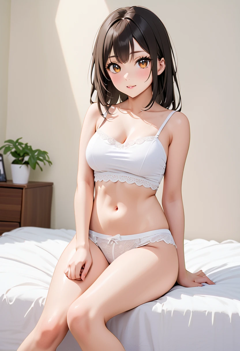 1girl, smile, looking at viewer, black hair, twintails, gigantic breasts, topless, white lace panties, spread legs, from below, arm behind back, bedroom, sunny, shougakusei, kodomo