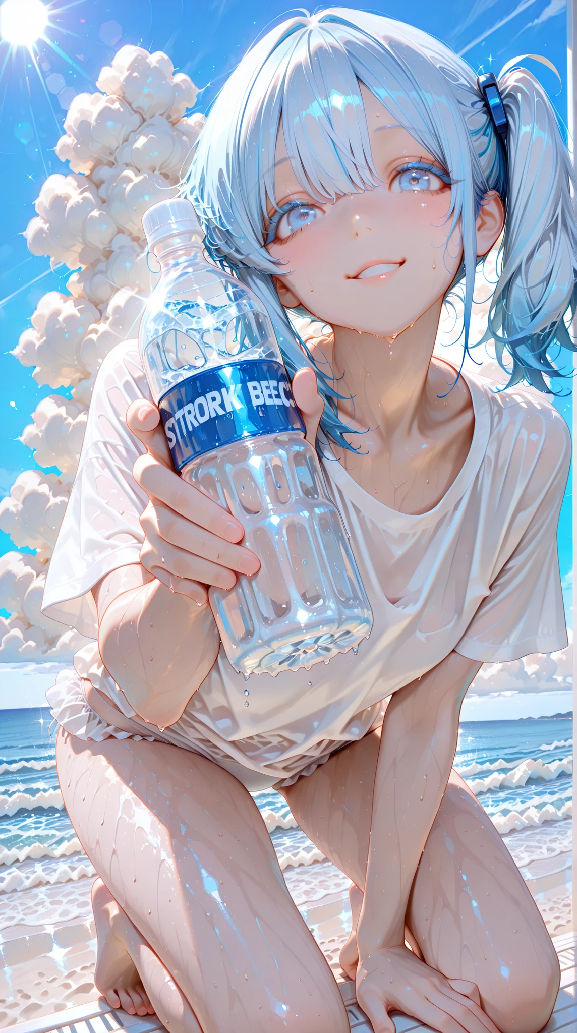 score_9, masterpiece, best quality, 8k, 1girl, summer beach,blue hair,side ponytail hair,blue eyes,blue eyelashes,tareme,big eyes, flat ,wearing frilled white swimwear,(wearing plain white T-shirt:1.3), shirt length tied,casual summer fashion, wet body,sweat,(holding two plastic water bottles with both hands), (offering one bottle with outstretched hand:1.3), bent forward,smiling,parted lips, kneeling on the beach, semi-realistic,
BREAK
beach background, blue ocean waves, white fluffy clouds, blue sky,sun in the sky, strong backlight,soft breeze, sparkling reflections,full body,