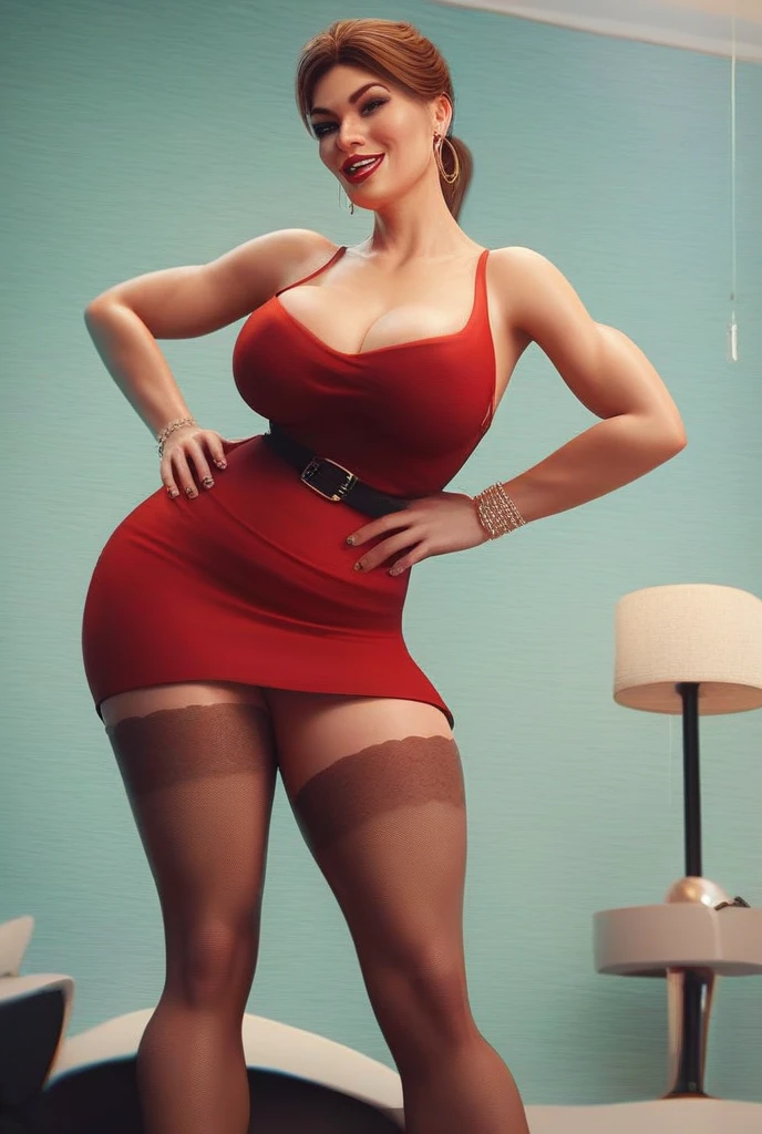 (best quality, ultra-detailed, photorealistic: 1.39), bright and vibrant colors, studio lighting, romantic expression, short red dress, undercut platinum bobcut blonde hair, big breasts, fit, muscular, short hair, mercenary,from knees up,front view from below,camera low angle,standing up infront of the camera,walking toward the camera,extreme low angle view