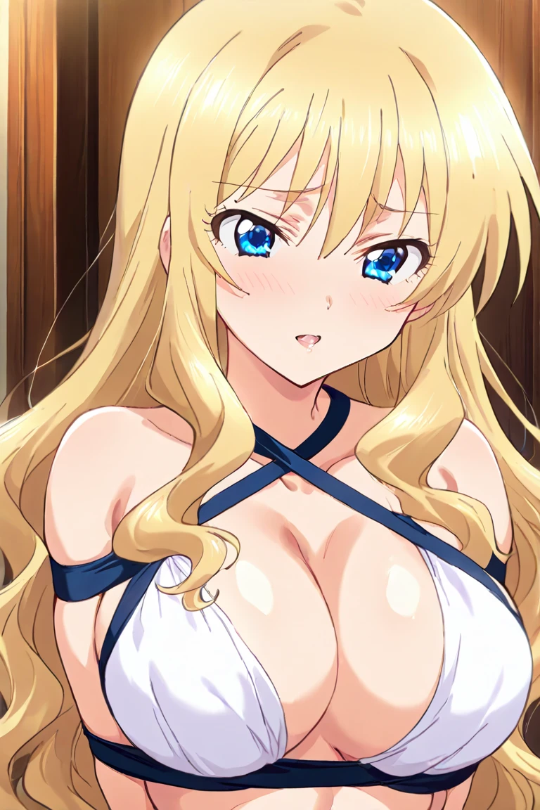 (masutepiece, Best Quality, High resolution:1.5, anime colours, megami magazine:1.2, anime poster style, anime keyvisual, sharp, 8k, photorealistic), (nsfw), (beautiful eyes:1.5, beautiful face), Alice Zuberg, 1girl, blush, (white headband), (blond Long Hair, hair braid), (huge breasts), (nude, nipples), upper body, (Perfect detailed Anatomy, beautiful detailed hair, perfect detailed body:1.2, shiny skin), (thick outline, Beautiful outlines, black outlines), simple background
