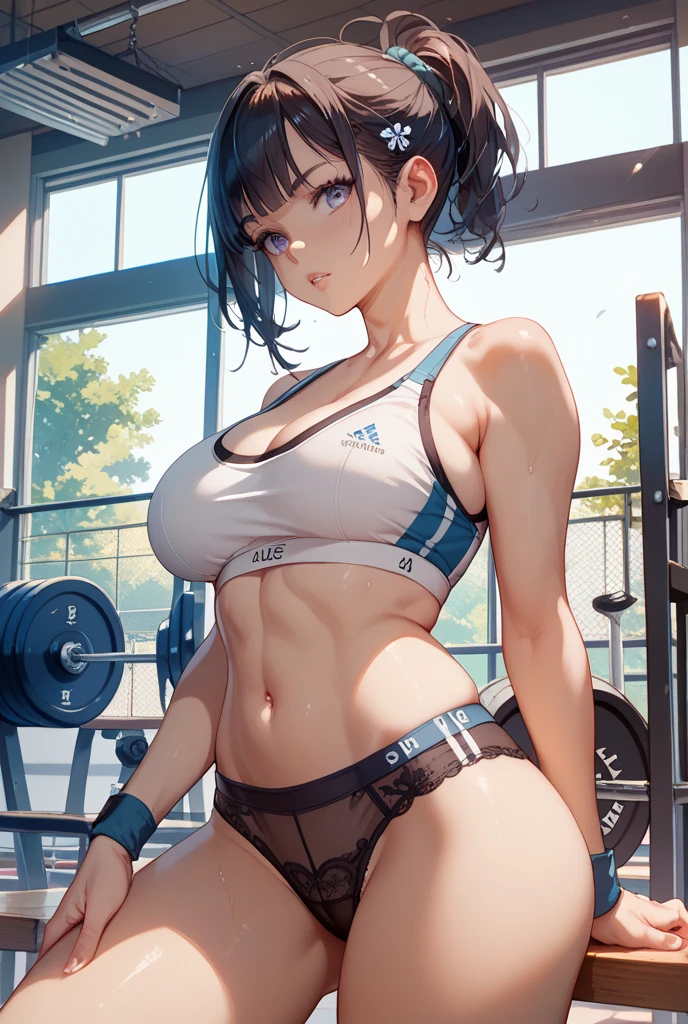 Best Quality, masutepiece,  High resolution, (Anime Heroine Illustration), Anime Paint, 1beautiful girl ,Dynamic Angle,Women's weightlifters ,small head,Large breasts,Trained abs,nice legs, Glowing skin, Sweat,At the weightlifting venue ,(Detailed beautiful face:1.4),detailed skins,Detailed eyes,detailed hairs,Detailed beautiful legs,
