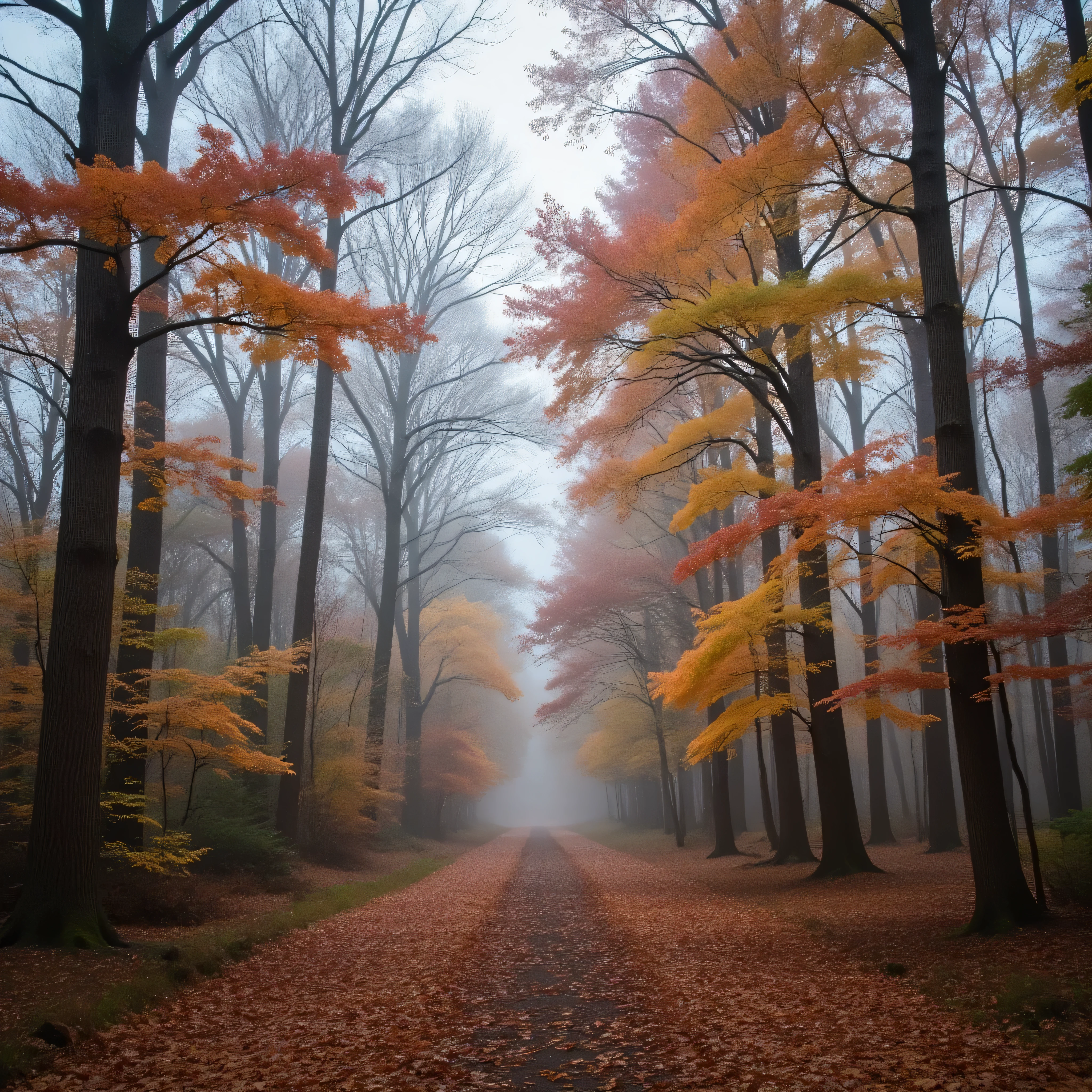 In this serene autumn scene, a dense fog envelops a forest of tall, slender trees, creating a mysterious and tranquil atmosphere. The trees are sparsely adorned with leaves that have turned a rich golden-orange, signifying the shift into autumn. The ground is carpeted with fallen leaves, their vibrant orange tones contrasting beautifully with the subdued gray of the fog. The composition leads the eye deeper into the foggy backdrop, where the trees gradually fade into the mist, enhancing the sense of depth and mystery. The diffused lighting softens the entire scene, giving it an ethereal quality and allowing the warm hues of the leaves to subtly illuminate the muted surroundings. The overall mood is calm and introspective, inviting the observer to reflect on the quiet beauty of nature transitioning into a new season.mapletree