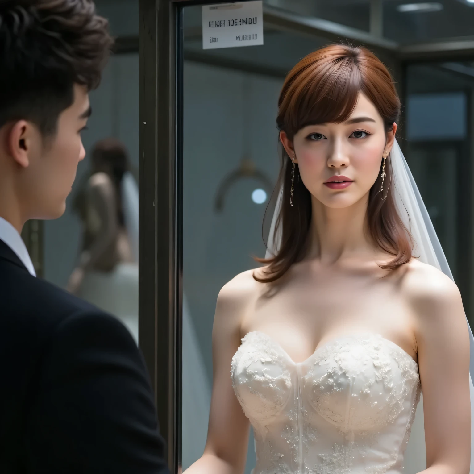 Beautiful woman with a hollow expression wearing a white wedding mini dress in a glass showcase、white wedding veil、Price tag 、bright lighting、Love Doll Showroom、A gentleman appraising an item、1 woman、Detailed Thigh、beautifully detailed face with strong natural light、Fine Hollow Eyes、detailed lips、graceful pose、dramatic lighting、Photorealistic、high quality、reality、Super Detailed、8k、masterpiece、Studio Lighting、Cinema Lighting、dramatic atmosphere、Sulky、high end、charming、from below、anatomically correct、textured skin、最high quality、Super Detailed、ultra high definition、4K、8k、slender、big boobs、A woman with a hollow expression