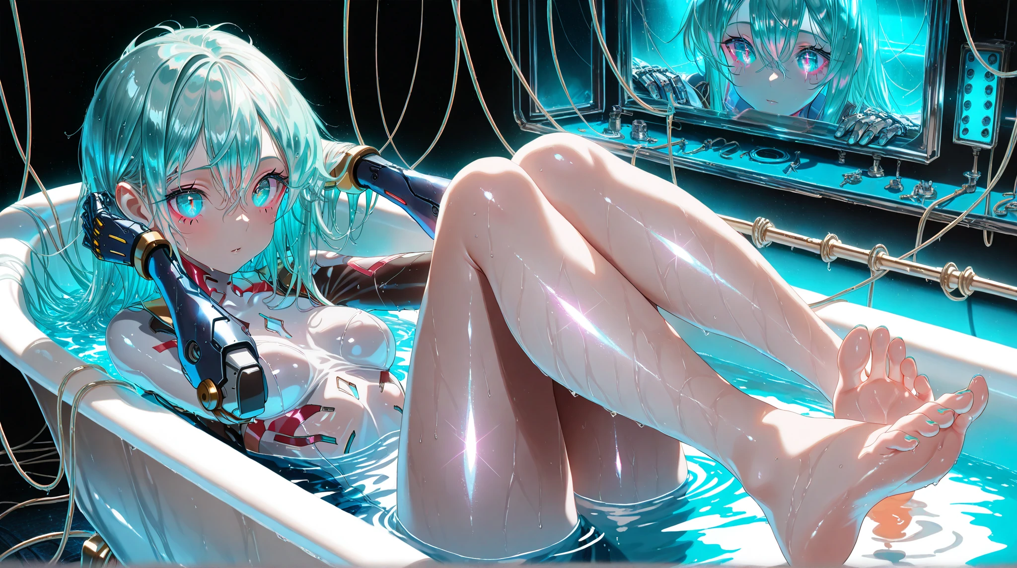 (photorealistic:1.4), (masterpiece:1.2),Lucy \(cyberpunk\), lying submerged in bathtub, naked, plugged in, sleeping, cables coming from body, close up, <lora:lucyCyberpunk_42Epochs:0.7>
