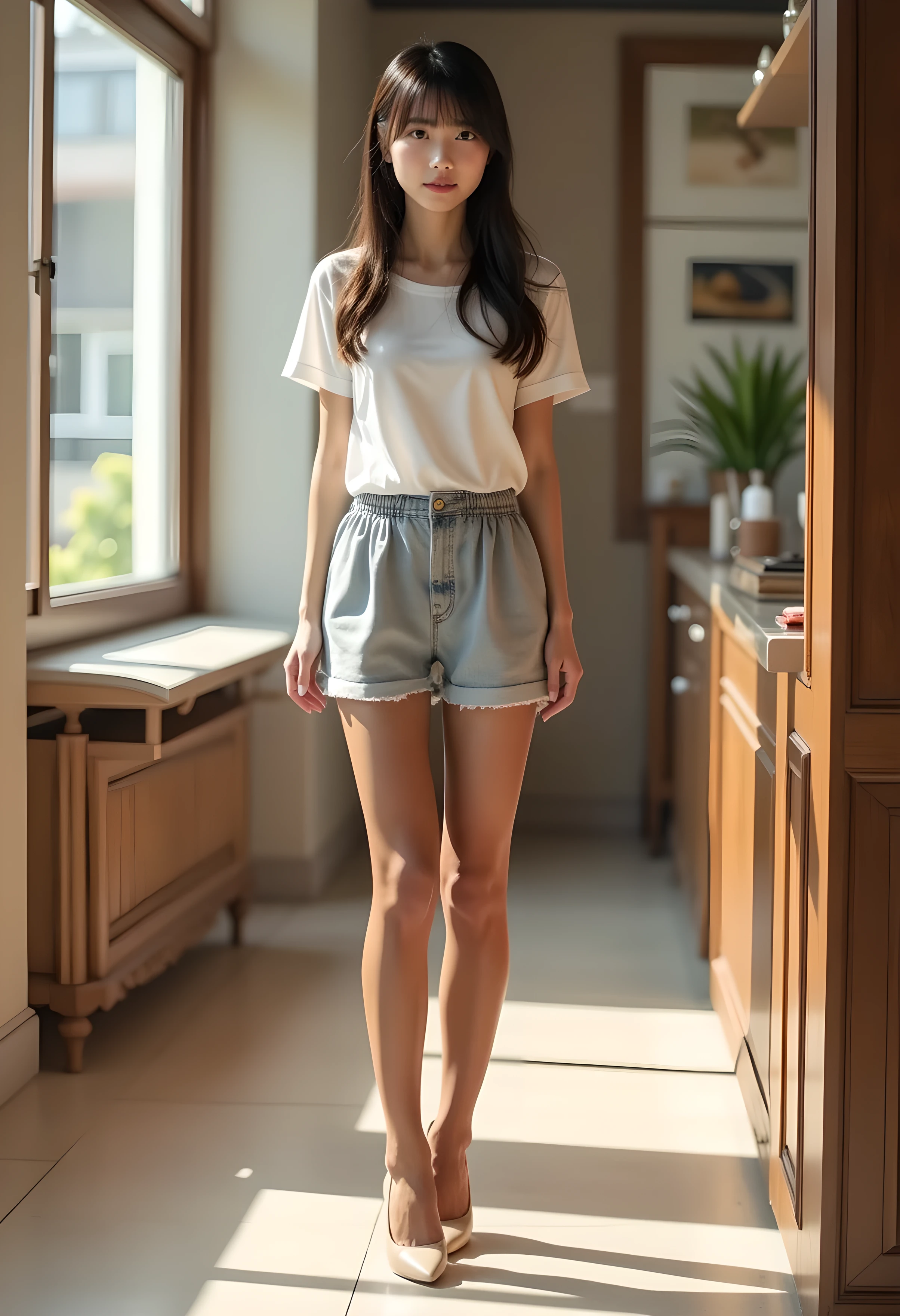 super real , Photorealistic , (Full body image:1.5), she looks so happy , shadow, Global illumination , Alone, (Japanese woman in her 20s :1.5), very beautiful、 Cute Smiles , vinegar, brown hair , Beautiful legs , Long, slender legs , すり身ウエvinegarト , She's wearing a receptionist ,バvinegarガイドのを着ています , turn your body forward、 white hair,full body photo ,Please take a picture up to the tip of your foot ,wear brown pantyhose on her legs ,When the light hits stockings, they reflects beautifully.,wearing beige high heels ,