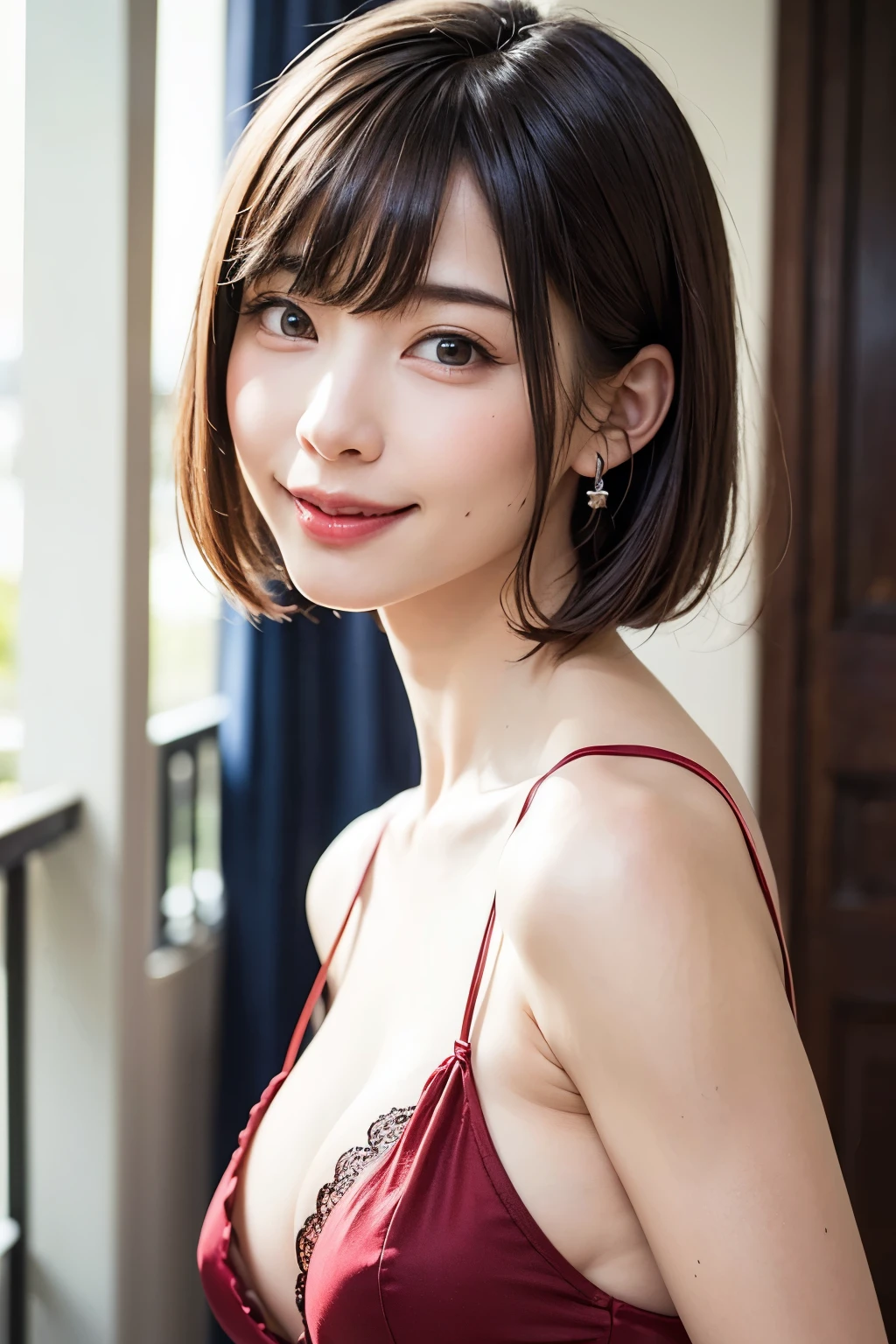 masterpiece、Highest quality、High resolution、Tabletop、wallpaper、Realistic、Bright lighting、Professional Lighting、Face Light、Smooth lighting、Japanese women、Adult female、Beautiful woman、、Modeled、gravure、sexy、so beautiful、Beautiful Skin、Beautiful and detailed、Detailed face、slim、Large Breasts、Cleavage 、short hair、Brunette Hair、Brown eyes、Looking into the camera、Japanese Kimono、Japanese Yukata、hot spring、smile