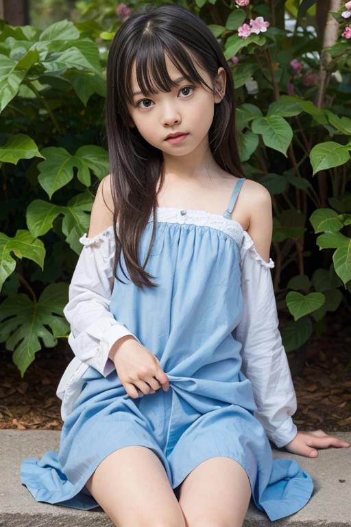 8k,masterpiece,Japanese,(:2),(child:1.7),from the front,Innocent face,Calm Eyes,White camisole,Sleeveless,Sky blue short skirt,semi-long,Hair Clip,noon,bright,On a bed in a Western-style house,one summer day