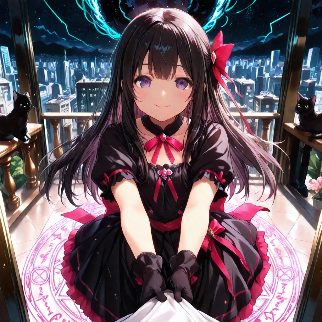 Hyakuya Mikaela \(AKB0048 Next Stage\), long black hair, ruby red eyes:1.2, dark costume, bangs, gentle smile, black rose hair ornament, ((ultra-detailed)), ((illustration)), ((neat hair)), (beautiful detailed eyes), female, 1girl, ((moon reflection)), looking at viewer, full body 