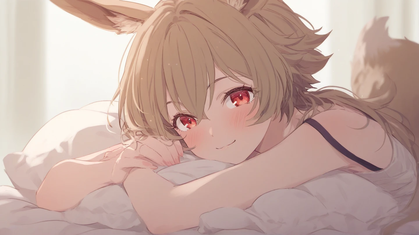 5 years old cat girl blonde hair short hair yellow eyes she is cute  the  all over her body she is laying down in the bed it's her first time and she became happy but shy 