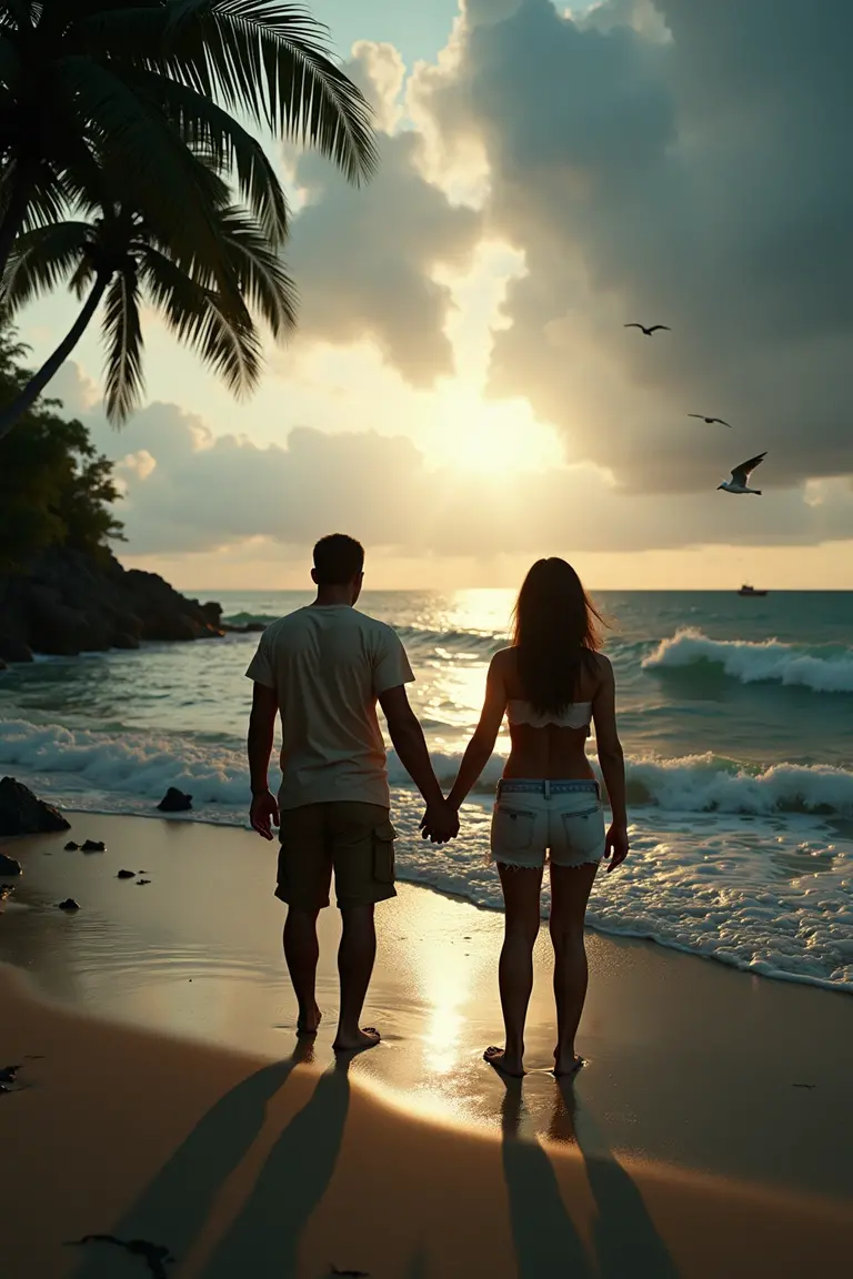 female and male energy stepping onto a tropical beach, it's the warmth of the sun on your skin, the gentle lull of waves whispering change, and the soft sands of opportunity beneath your feet. Having vacation on a sunny tropical beach. Excitement tinged with uncertainty, the thrill of uncharted paths, and the spark of potential transformation, in an image filled with deep darks in the style of an analog film grain, hdr, extremely detailed, 8k, 35mm photograph, amazing natural lighting, brilliant composition